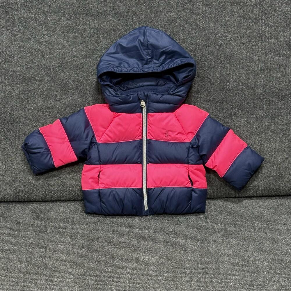 Ralph Lauren Jacket Infant Girls 3M Pink Navy Striped Hooded Down Puffer Winter